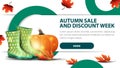 Autumn sale and discounts week, modern discount banner with fashionable design for your website with rubber boots and pumpkin