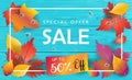 Autumn Sale Fall leaves wood top view 2023 vector illustration Online shopping card banner sign wallpaper Royalty Free Stock Photo