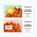 Autumn sale fall season gift voucher card template design collection with coupon code on dry leaves background vector illustration Royalty Free Stock Photo