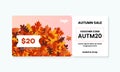 Autumn sale fall season gift voucher card template design. Coupon code text on dry leaves background vector illustration