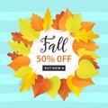Autumn Sale Fashionable Banner Template with Colorful Fall Leaves on bright trendy blue background Royalty Free Stock Photo