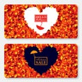 Autumn sale gift card layout template with heart in center. Shopping certificate vector illustration with scattered maple leaves.