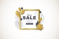 Autumn sale horizontal banner with golden square frame and 3d style gold and outline autumn leaves. Royalty Free Stock Photo