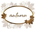 Autumn sale horizontal banner with isolated golden frame and gold autumn leaves. Vector illustration white isolated poster Royalty Free Stock Photo