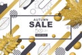 Autumn sale horizontal banners with 3d style gold and outline fall leaves and motion geometric shapes. Royalty Free Stock Photo