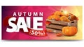 Autumn sale, horizontal discount web banner for your website with wooden crates of ripe pumpkins and autumn eaves