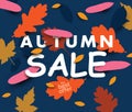 Autumn sale illustration with falling leaves on the dark background.