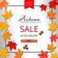 Autumn sale Instagram template with maple leaves. Special offer layout white
