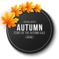 Autumn sale. Invitation gift card. Web label with lettering. Seasonal round banner with autumn leaves. Maple leaf. Seasonal sale.