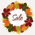 Autumn sale label, circle frame with yellow leaves