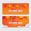 Autumn sale with leaves in paper art style on orange background. Use for voucher, banner, coupon