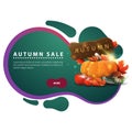 Autumn sale, modern discount banner in the form of smooth lines for your business with harvest of vegetables and a wooden sign Royalty Free Stock Photo