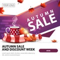 Autumn sale, modern stylish square web banner for advertising and promotion of your business with mug of hot tea and warm scarf Royalty Free Stock Photo