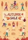 Autumn sale. People with umbrellas and shopping bags in city, fall season special offers, promotion price discount flyer