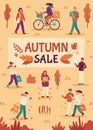 Autumn sale. People with umbrellas and shopping bags in city, fall season special offers, promotion price discount flyer, flat