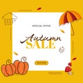 Autumn Sale Poster Design With Flat Pumpkins, Toadstool, Umbrella On White And Yellow