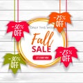 Autumn sale poster of discount promo web banner for fall seasonal shopping with hanging maple leaf. Big autumn sale Royalty Free Stock Photo