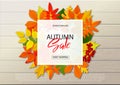 Autumn sale poster with fall leaves on wooden backgrounds. Vector illustration for website and mobile website banners Royalty Free Stock Photo