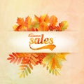 Autumn sale poster with leaves on a old paper