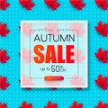 Autumn sale. Promotion card with red maple leaves pattern.