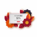 Autumn sale rectangular banner with 3d leaves, flowers and dotted pattern. White background - template for seasonal