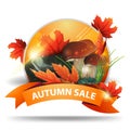 Autumn sale, round discount clickable web banner with ribbon for your website or business with mushrooms and autumn leaves