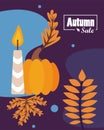 Autumn sale season poster with pumpkin and candle