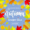 Autumn sale shopping discount vector poster fall maple leaf gold web banner