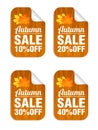 Autumn sale stickers set concept wood design. Sale 10%, 20%, 30%, 40% off