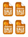 Autumn sale stickers set concept wood design. Sale 50%, 55%, 60%, 70% off