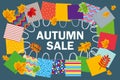 Autumn Sale in the store. Various bags on gray background