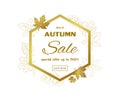 Autumn sale template banner,gold maple leaves with space for text on hexagon frame,fall background for poster,advertising,website Royalty Free Stock Photo