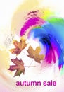 Autumn sale template with three maple leaves abstract bright background