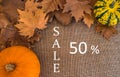 Autumn 50% sale text on sack surface