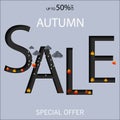 Autumn sale text vector banner with colorful seasonal fall leaves in orange background for shopping discount Vector illustration. Royalty Free Stock Photo