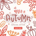 Autumn sale text vector banner with colorful seasonal fall leaves in orange background for shopping discount promotion Royalty Free Stock Photo