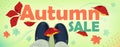 Autumn sale, text and vector illustration, cover or website background. Top view of female legs or baby boots with falling maple