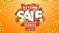 Autumn sale, up to 50% off, orange discount banner with 3D text decorated of autumn elements and autumn vegetation