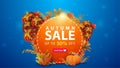 Autumn sale, up to 50% off, orange round discount banner with frame of autumn leaves and autumn elements around offer