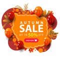 Autumn sale, up to 50% off, red and orange discount web banner with large offer, button, frame of autumn leaves and balloons Royalty Free Stock Photo