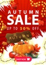 Autumn sale, up to 50% off, white and red vertical discount banner with frame of garland, maple leafs, abstract ragged corners Royalty Free Stock Photo