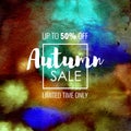 Autumn Sale up to 50 percent off. Seasonal discounts. Abstract colorful watercolor banner with hand drawn lettering. Royalty Free Stock Photo