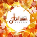 Autumn sale vector background with white circle in middle for text. Leaf falling with golden polygons business backgroun