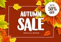 Autumn sale vector banner design with typography and colorful maple tree leaves