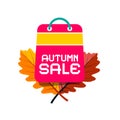 Autumn sale vector design with oak leaves and pink shopping bag icon Royalty Free Stock Photo