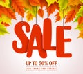 Autumn sale vector design with red sale text hanging in colorful maple leaves Royalty Free Stock Photo