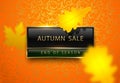 Autumn sale vector poster with yellow autumn leaves. Bright luxury banner. Golden text on black green rectangular label gold frame