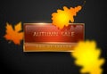 Autumn sale vector poster with yellow autumn leaves. Dark luxury banner. Golden text on red orange rectangular label gold frame. Royalty Free Stock Photo