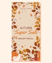 Autumn Sale vertical banner template design. Frame with different leaves branches, pumpkins and acorns, white berry on