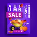 Autumn sale, vertical blue discount banner with garden wheelbarrow with a harvest of pumpkins and autumn leaves Royalty Free Stock Photo